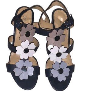 Michael Kors Womens Leather Flower Sandals 7.5M Navy & Multicolor